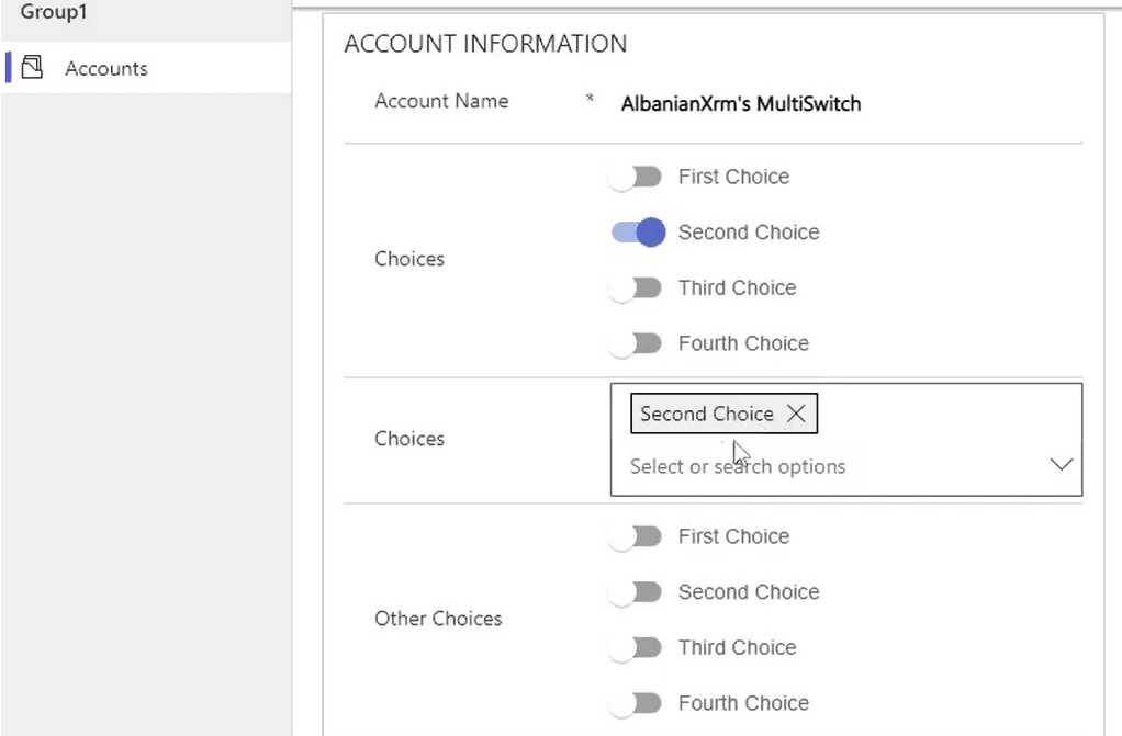 Multi Switch PCF control displaying several choices on a model-driven form